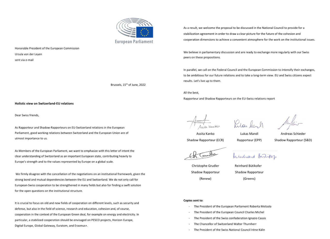 Letter Of Intent From The European Parliament For The Association Of ...